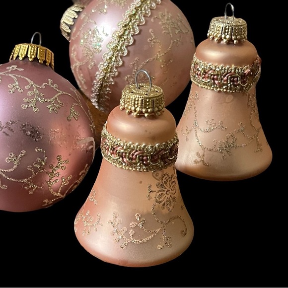 Antique Pink and Gold Mercury Glass Christmas Ornaments - Krebs Bells and Balls - Picture 7 of 8